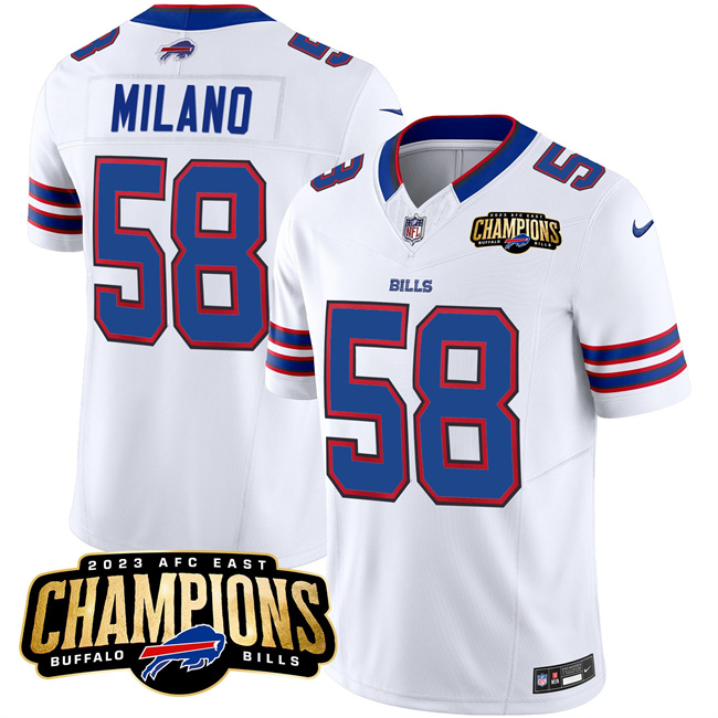 Men's Buffalo Bills #58 Matt Milano White 2023 F.U.S.E. AFC East Champions Ptach Football Stitched Jersey
